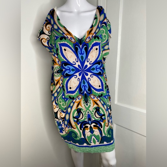 Maeve Blue and Green Mini Sundress V-Neck Resort Wear - Picture 2 of 9